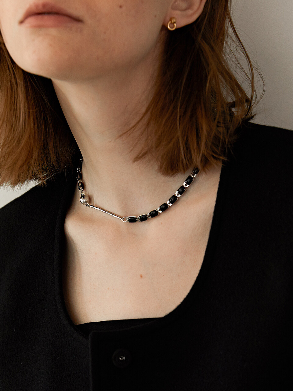 MIDNIGHT MOMENT Black Square Chain Necklace - Silver