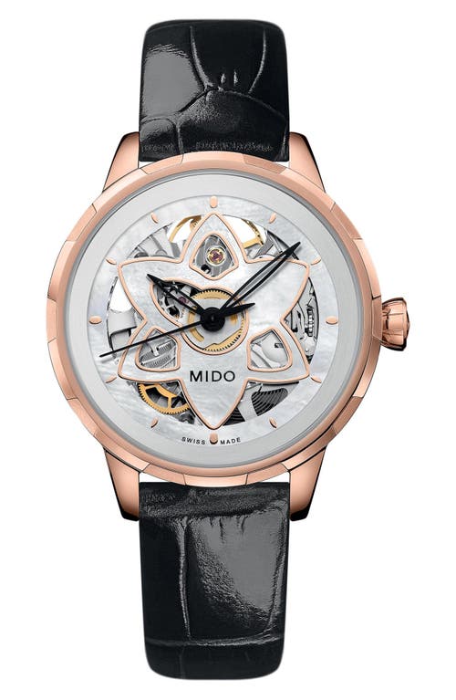 MIDO MIDO Rainflower Blossom Skeleton Automatic Leather Strap Watch, 34mm
