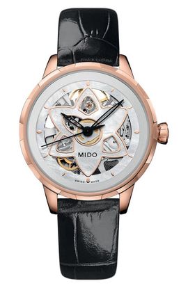 MIDO MIDO Rainflower Blossom Skeleton Automatic Leather Strap Watch, 34mm