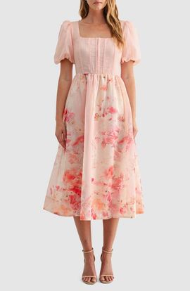 Mila Mae - Stripe Puff Sleeve Midi Dress in Cream Chestnut at Nordstrom,  Size X-Small