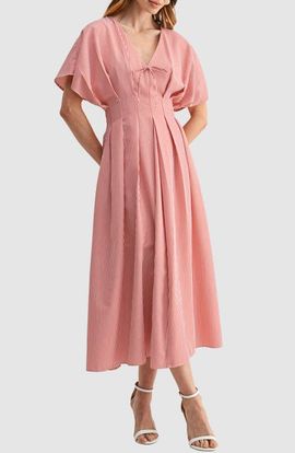 Mila Mae Mila Mae Stripe Pleat Waist A-Line Midi Dress
