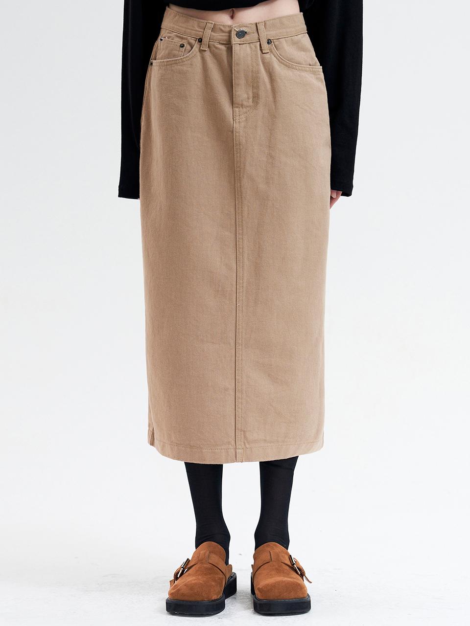 MILLIONCOR Back Slit Cotton High Waisted Long Skirt [Beige]