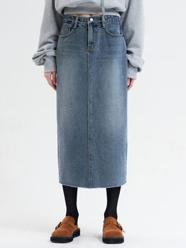 MILLIONCOR Back Slit High Waisted Medium Wash Long Skirt