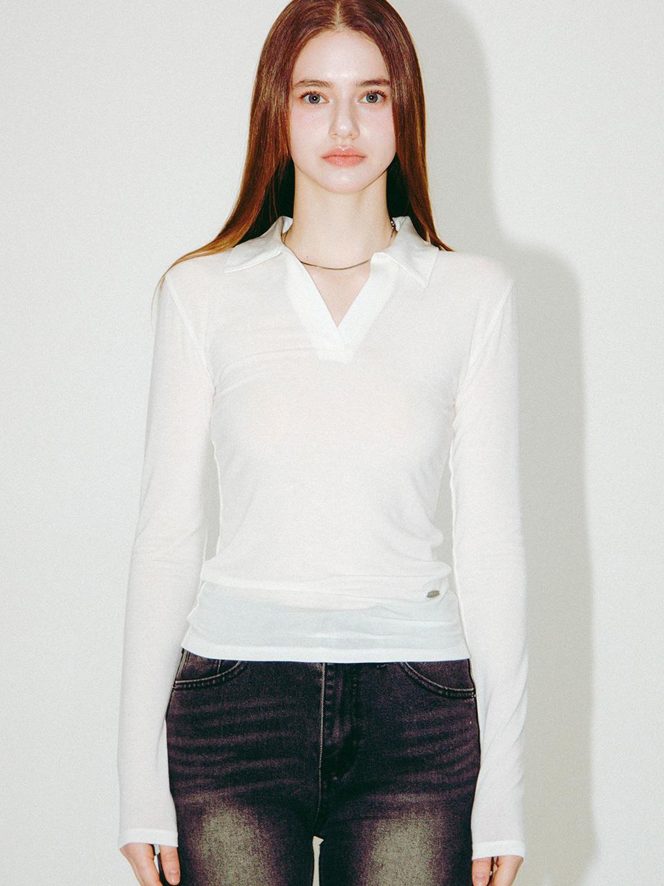 MILLIONCOR Basic Collar Long Sleeve T-shirt [Ivory]