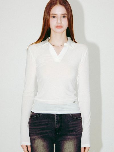 MILLIONCOR Basic Collar Long Sleeve T-shirt [Ivory]