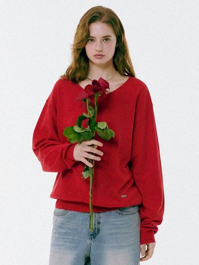 MILLIONCOR Basic V-Neck Loose Fit Sweater [RED]