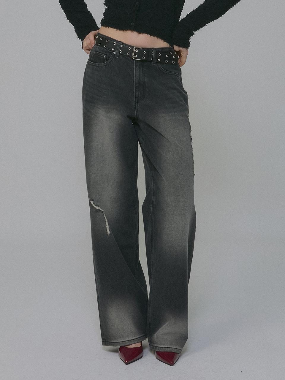 MILLIONCOR Distressed Wide Fit Cotton Denim [Dark Blue Black]