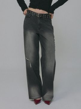 MILLIONCOR Distressed Wide Fit Cotton Denim [Dark Blue Black]