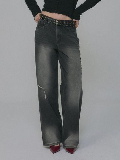 MILLIONCOR Distressed Wide Fit Cotton Denim [Dark Blue Black]