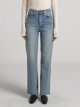 MILLIONCOR Semi-wide Cut Cropped High-waisted Denim Pants [Medium Blue]