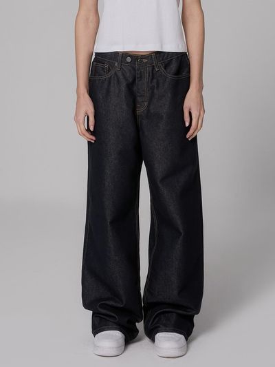 MILLIONCOR Unisex Selvedge Two-Button Wide Pants [Dark Blue]