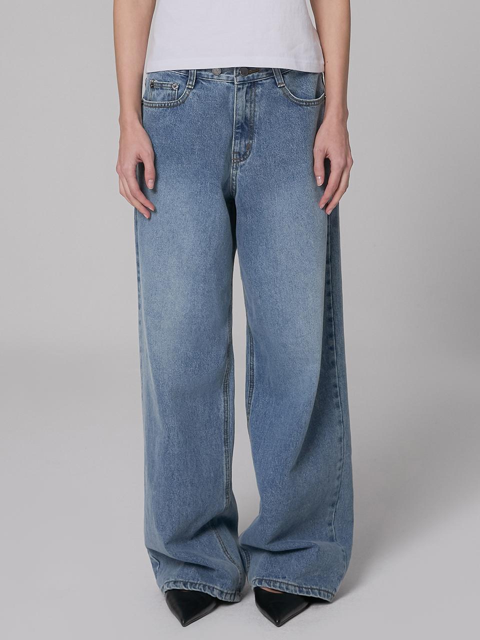 MILLIONCOR Unisex Wide Two-Button Cotton Denim Pants [Light Blue] (9443)