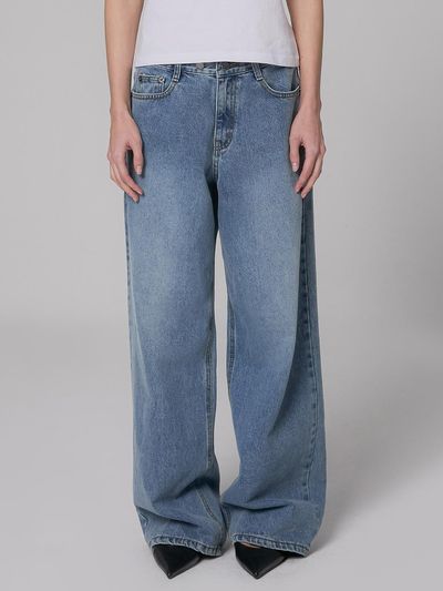 MILLIONCOR Unisex Wide Two-Button Cotton Denim Pants [Light Blue] (9443)