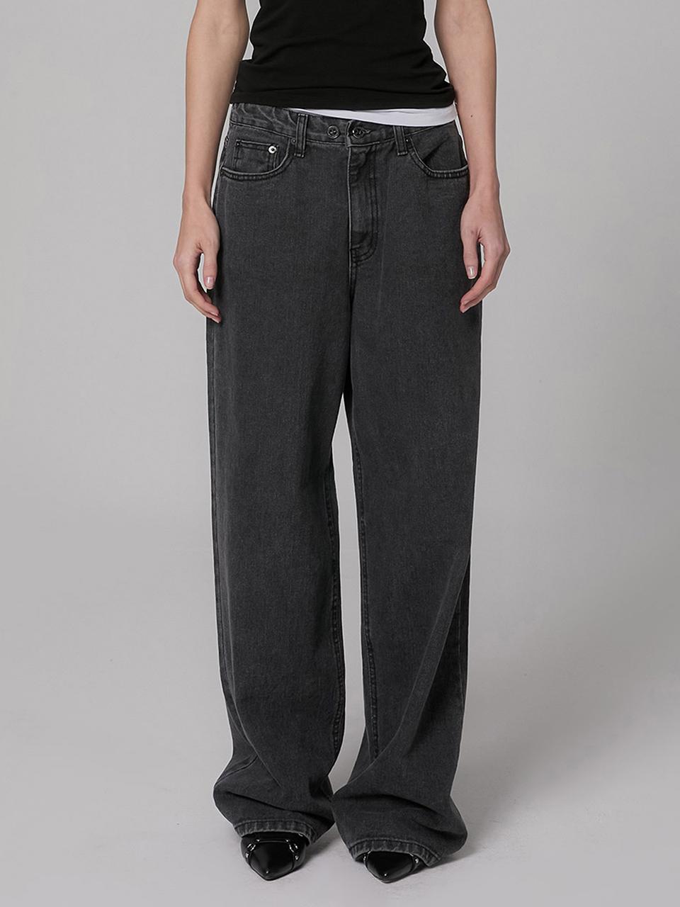 MILLIONCOR Unisex Wide Two-Button Denim Pants [Black-Grey] (9446)