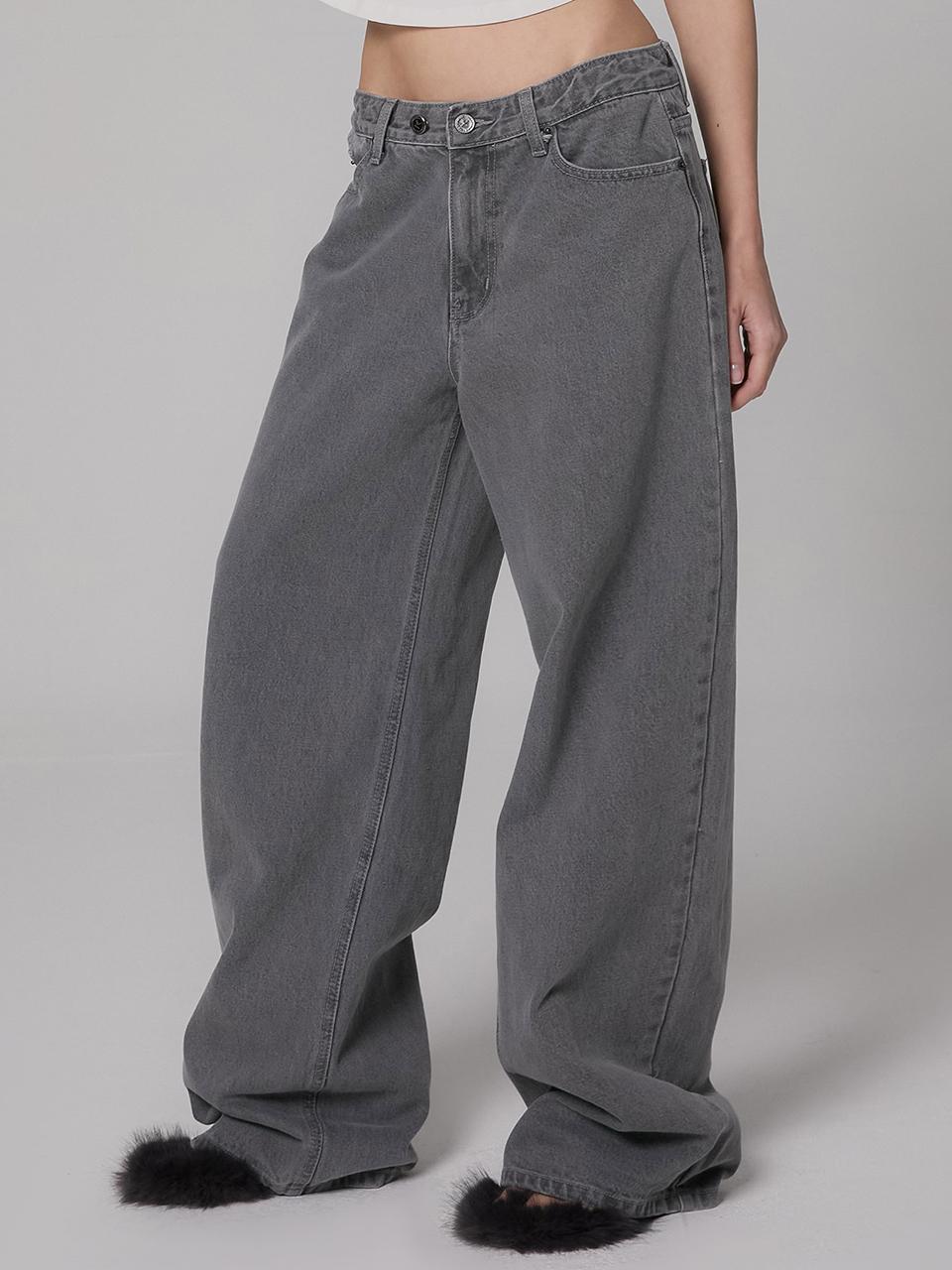 MILLIONCOR Unisex Wide Two-Button Denim Pants [Dark Grey] (9447)
