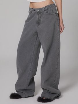 MILLIONCOR Unisex Wide Two-Button Denim Pants [Dark Grey] (9447)