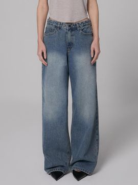 MILLIONCOR Unisex Wide Two-Button Premium Denim Pants [Deep Blue]