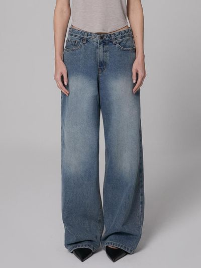 MILLIONCOR Unisex Wide Two-Button Premium Denim Pants [Deep Blue]