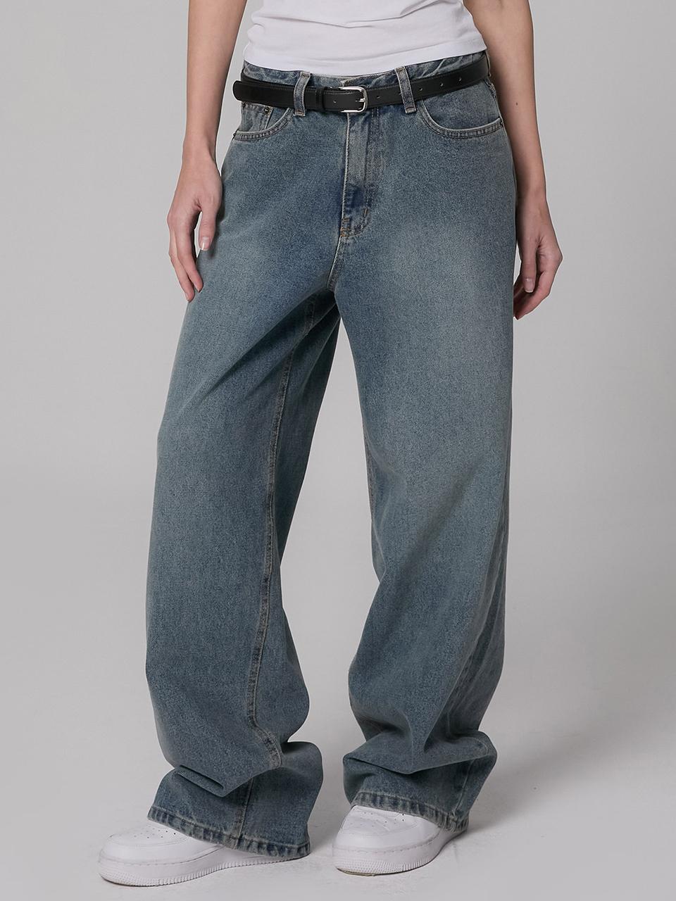 MILLIONCOR Unisex Wide Two-Button Premium Denim Pants [Light Indigo]