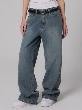MILLIONCOR Unisex Wide Two-Button Premium Denim Pants [Light Indigo]