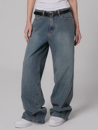 MILLIONCOR Unisex Wide Two-Button Premium Denim Pants [Light Indigo]