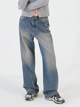 MILLIONCOR Vintage Washed Wide High-Waisted Denim Pants [Deep Blue] (9573)