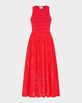 Milly Eyelet-Embroidered Mixed Media Midi Dress
