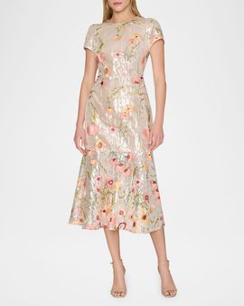 Milly Tahlia Floral-Embroidered Sequin Midi Dress