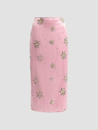 Milly Women's Raylen Floral Sequin-Embellished Satin Midi Skirt