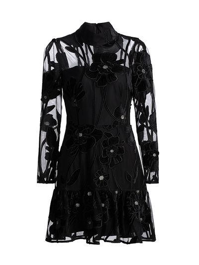 chinese dress ladies Black Floral Lace Long Sleeve Ruffle Hem Mini Dress main image 1
