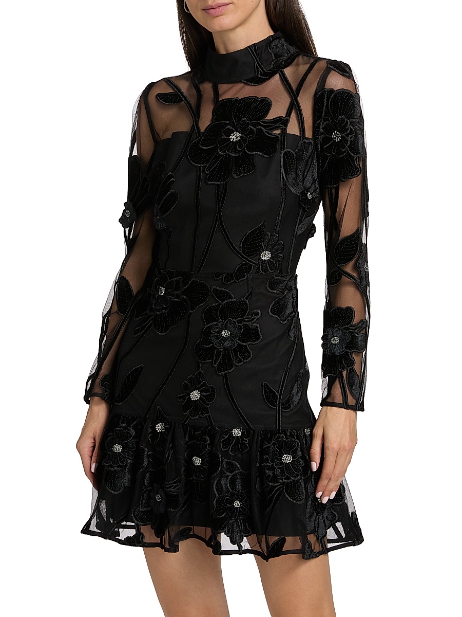 velvet floral embroidered ruffle lace trim mini dress Terracotta Floral Embroidered Mini Dress - Event Dresses