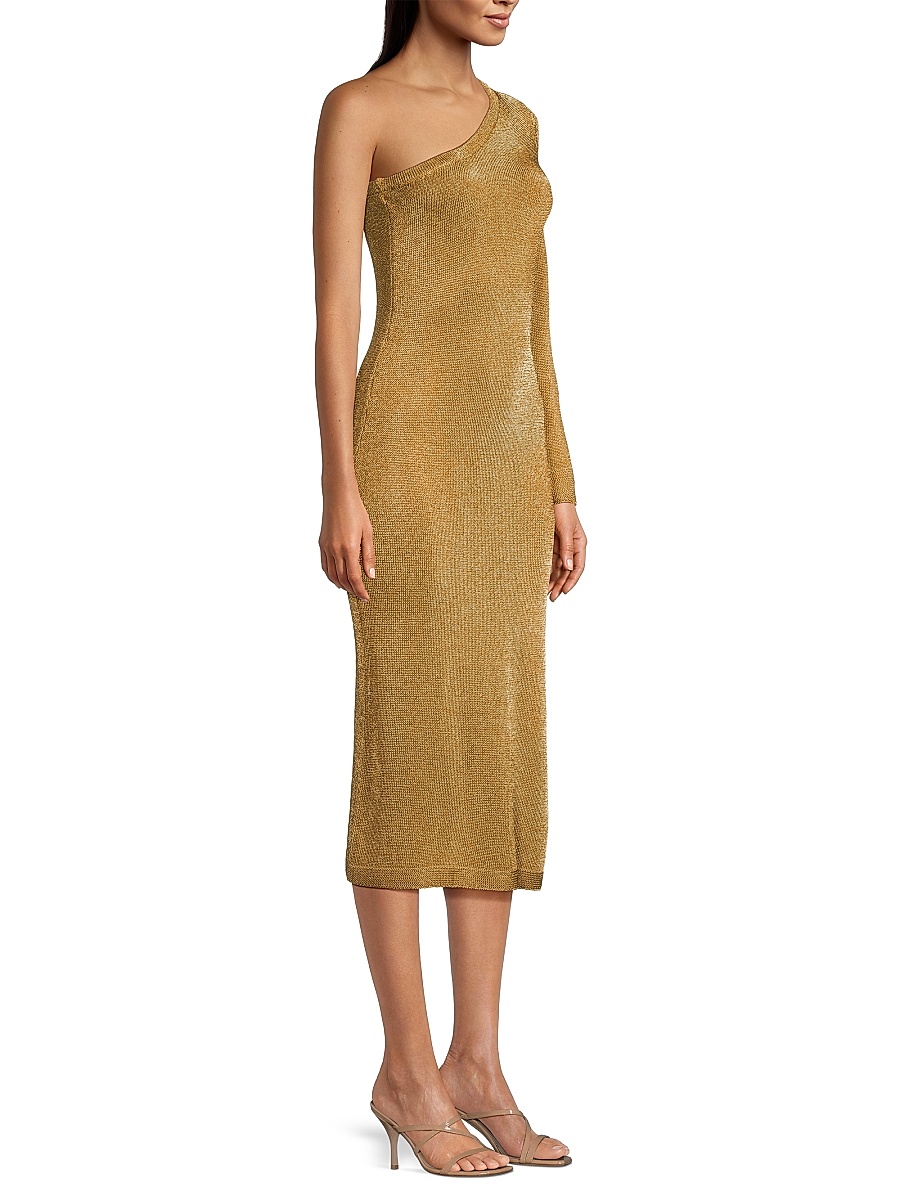 knee length dresses for ladies Metal Ring Slinky Cut Out One Shoulder Midi Dress Latte / Large