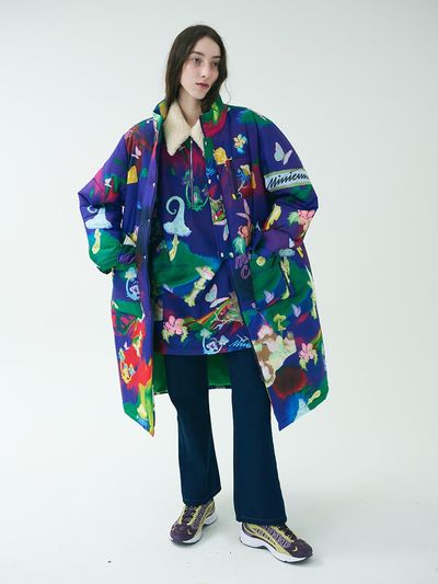 mimicAWE Forest Digital Print Long Puffer Coat [Navy]