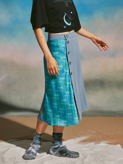 mimicAWE Monogram Button Up Skirt (Blue)