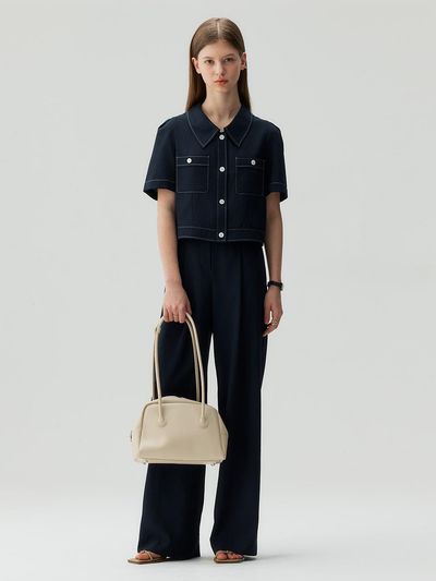 MIND BRIDGE women One-tuck Wide Stitch Contrast Pants