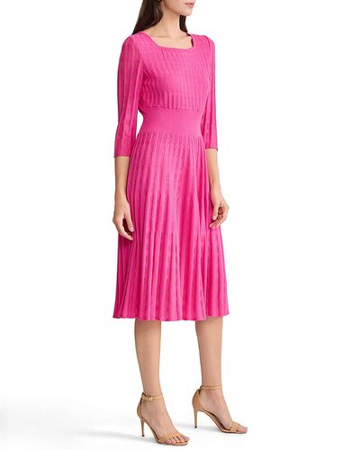 Ming Wang Ming Wang Linear Pointelle Tonal Knit Fit and Flare Midi Dress