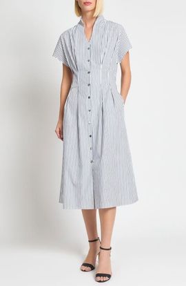 Ming Wang Ming Wang x Tanya Foster Pinstripe Cotton Fit & Flare Midi Dress