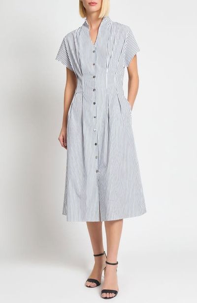 Ming Wang Ming Wang x Tanya Foster Pinstripe Cotton Fit & Flare Midi Dress