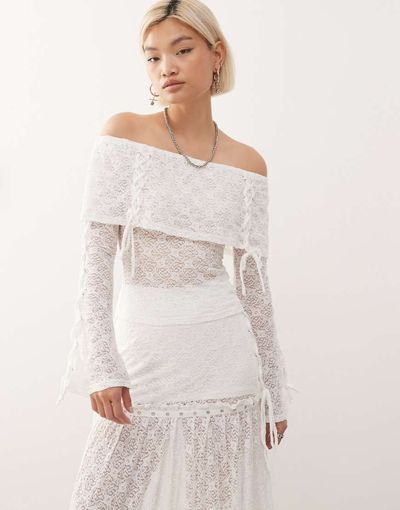 Minga Minga London textured lace off shoulder top in off white