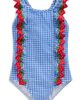 Mini Boden Mini Boden Kids' Strawberry Appliqué Ruffle Seersucker UPF 50+ One-Piece Swimsuit - 1