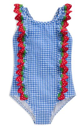 Mini Boden Mini Boden Kids' Strawberry Appliqué Ruffle Seersucker UPF 50+ One-Piece Swimsuit