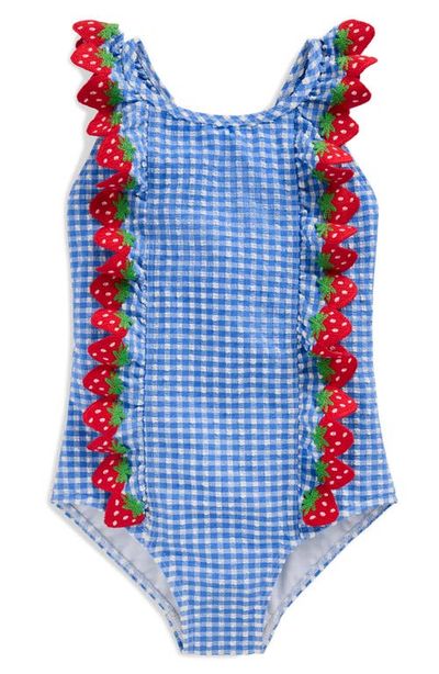 Mini Boden Mini Boden Kids' Strawberry Appliqué Ruffle Seersucker UPF 50+ One-Piece Swimsuit