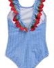 Mini Boden Mini Boden Kids' Strawberry Appliqué Ruffle Seersucker UPF 50+ One-Piece Swimsuit - 2