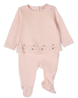 MiniMoi MiniMoi Baby Girls Flouncy Floral Overlay Embroidered Cotton Rich Footie