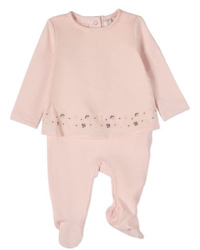 MiniMoi MiniMoi Baby Girls Flouncy Floral Overlay Embroidered Cotton Rich Footie