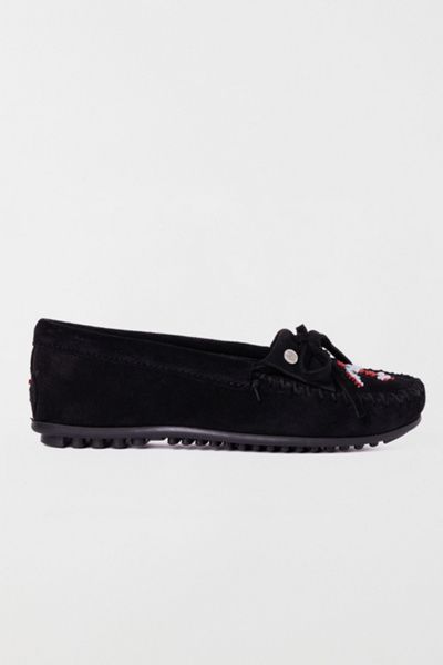 Minnetonka Minnetonkau00a0 Women's Thunderbird Animikii Suede Beaded Moccasin Shoe in Black, Women's at Urban Outfitters