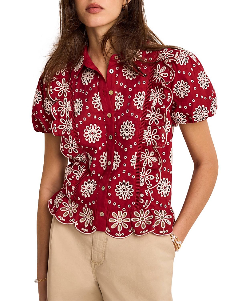 Mint Velvet - Women's Eyelet Embroidered Puff Sleeve Blouse