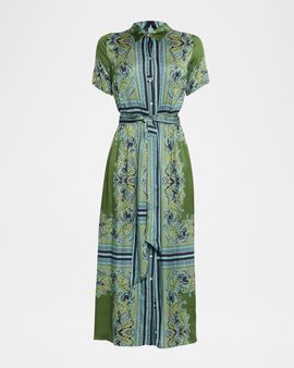 MISA Los Angeles Esmeralda Scarf-Print Satin Midi Shirtdress