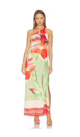 misa los angeles stevie tie-neck tiered floral chiffon midi dress MISA Los Angeles Stevie Tie-Neck Tiered Floral Chiffon Midi Dress