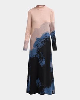 Misook Abstract Long-Sleeve A-Line Maxi Dress